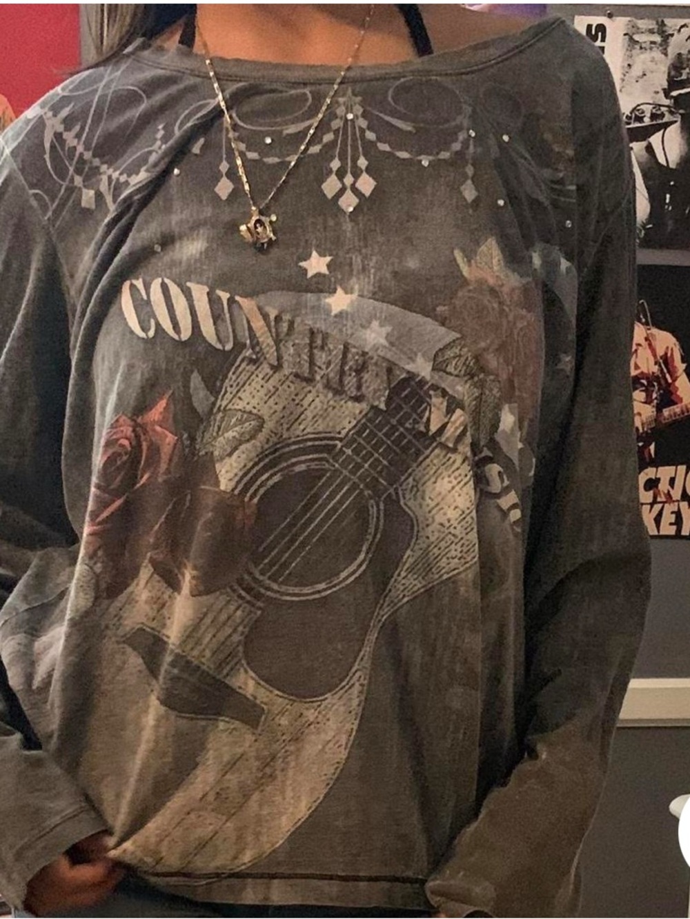Acoustic Guitar Graphic Long Sleeve Tee in Washed Charcoal